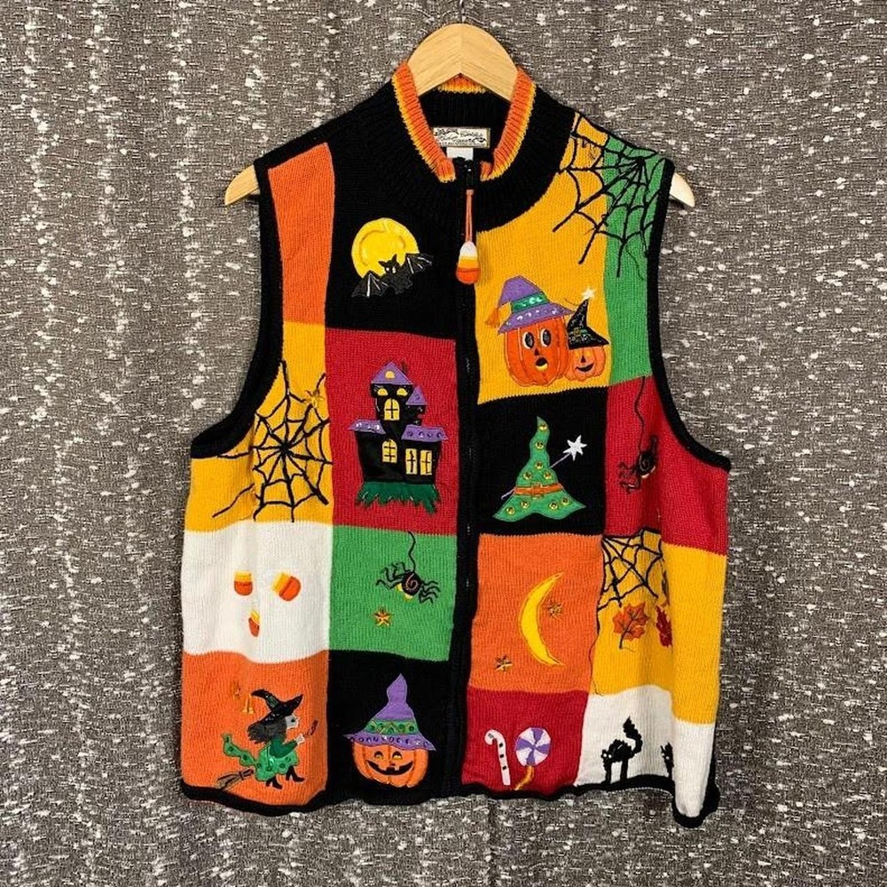 VTG Heirloom Collectibles Halloween Patchwork Zip Sweater Vest Women's 26/28